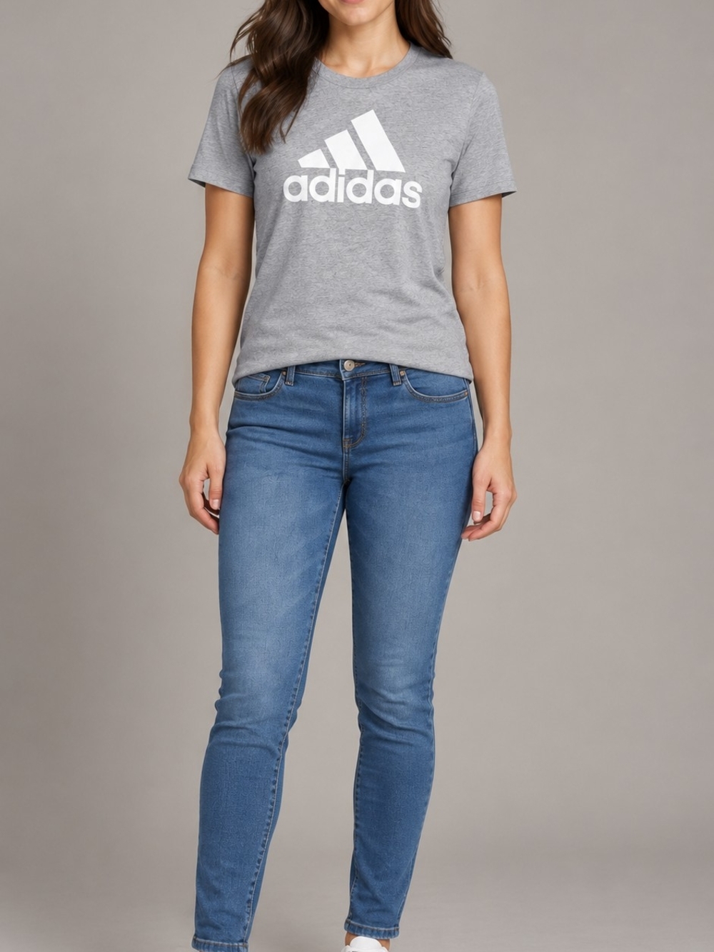 adidas Grey Tee with Blue Skinny Jeans